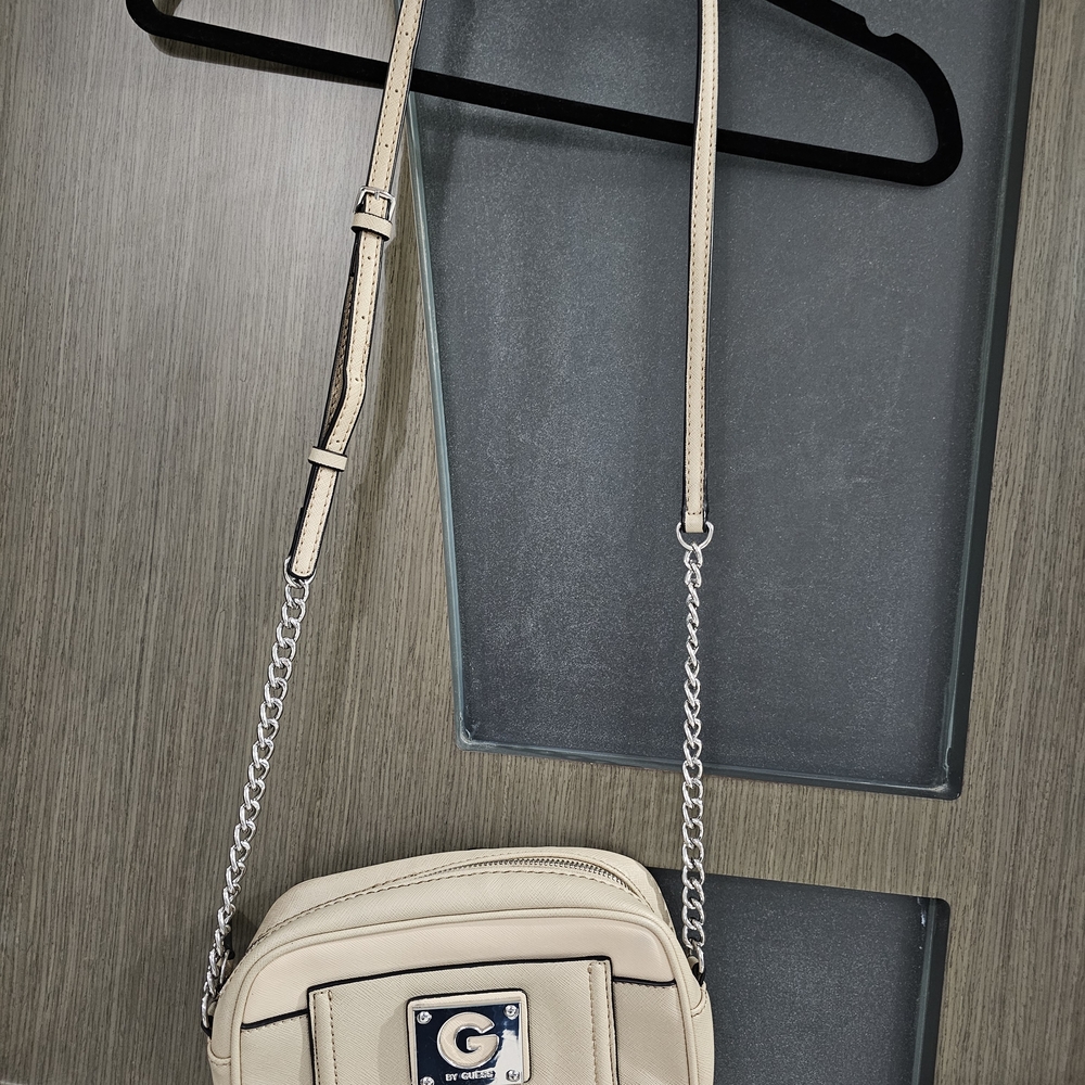 G by Guess Cream Beige Crossbody Bag with Silver Chain Detail